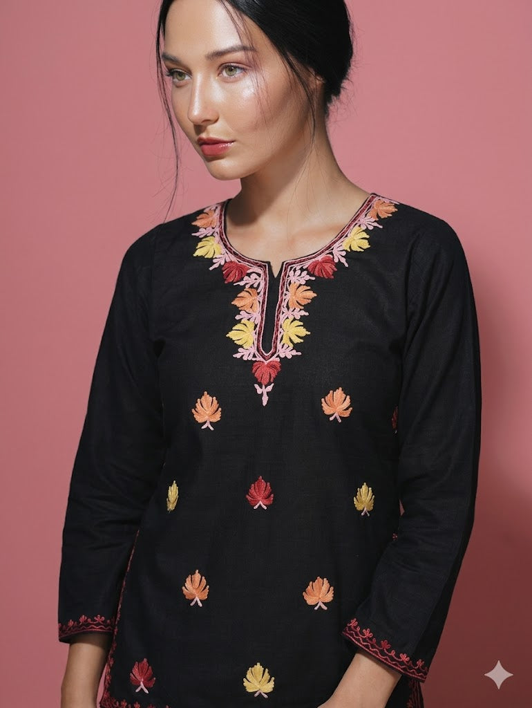 Black Cotton Short Kashmiri Kurti - Multi Colour tone Aari Embroidery