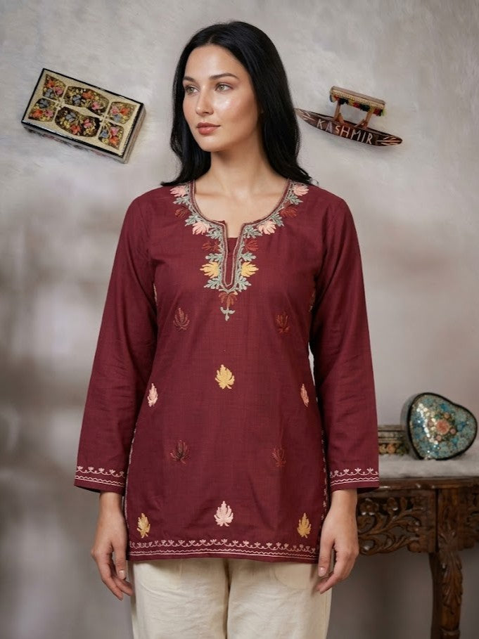 Maroon Cotton Short Kashmiri Kurti - Multi Colour tone Aari Embroidery