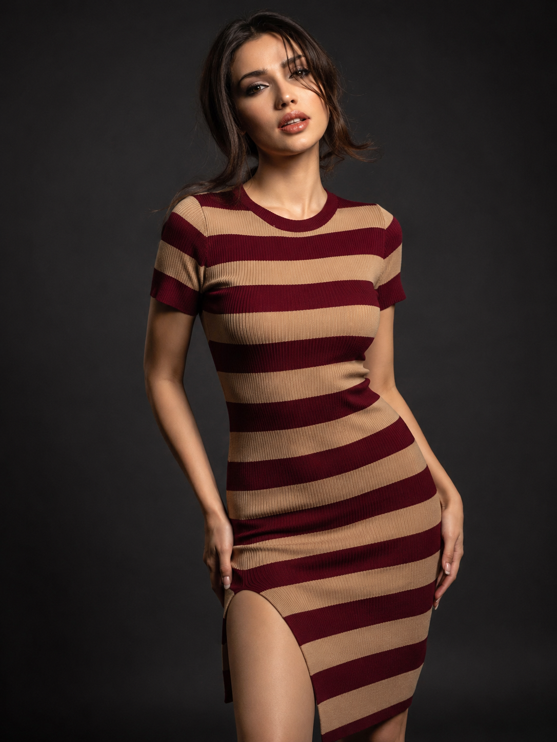 Short ribbed half-sleeves bodycon dress