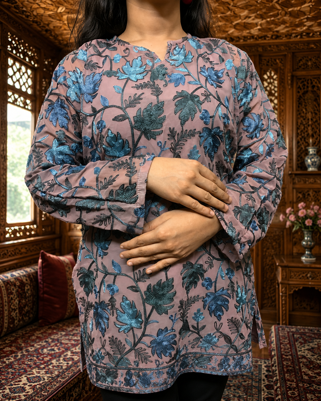 Onion Pink Georgette Kashmiri Short Kurti with Slate Blue Chinar Aari Embroidery, Without Lining
