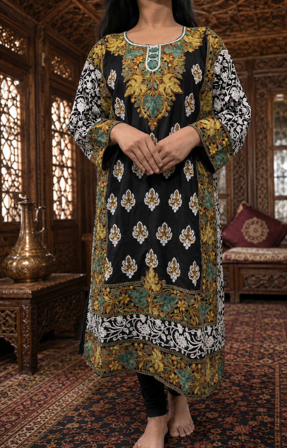Black Georgette Kashmiri Designer Kurti - Aari with Zari Embroidery, Without Lining