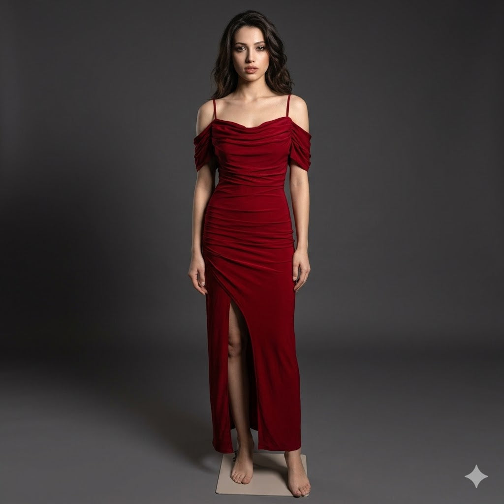 Long Bodycon cold - shoulder Lycra dress.