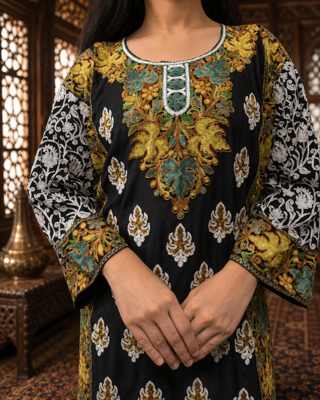Black Georgette Kashmiri Designer Kurti - Aari with Zari Embroidery, Without Lining