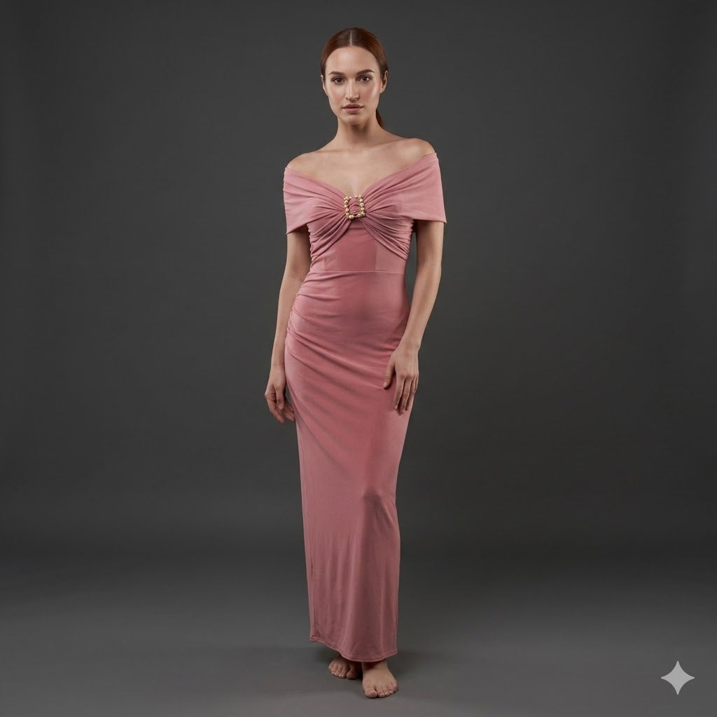 Long Bodycon off - shoulder Lycra dress.