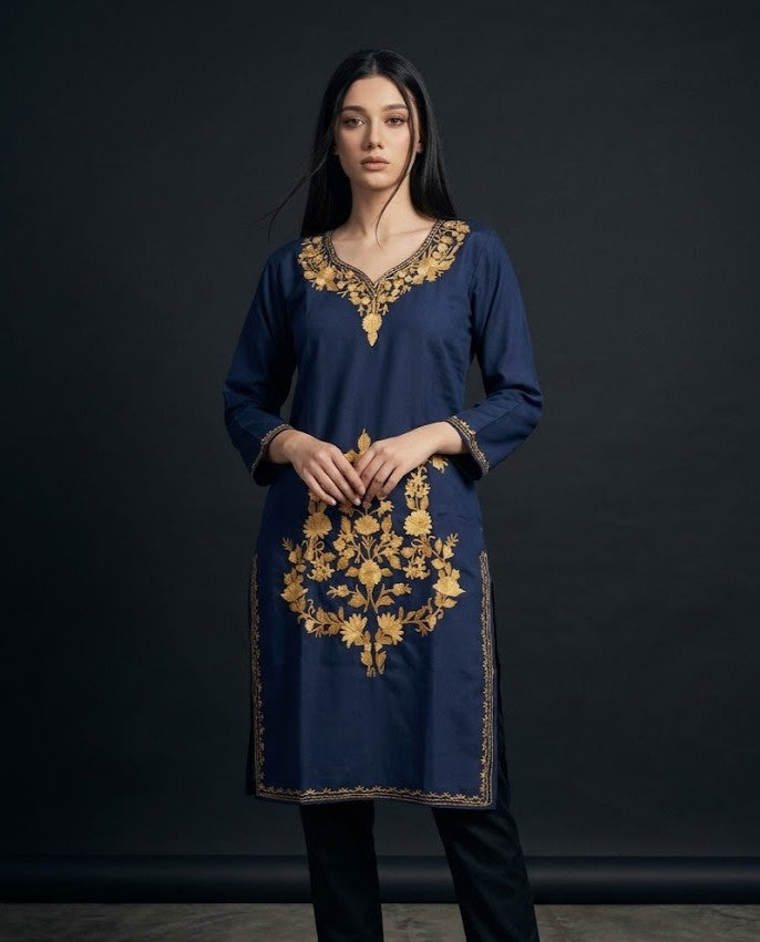 Blue Ruby Cotton Kashmiri Kurti - Yellowish Aari Embroidery