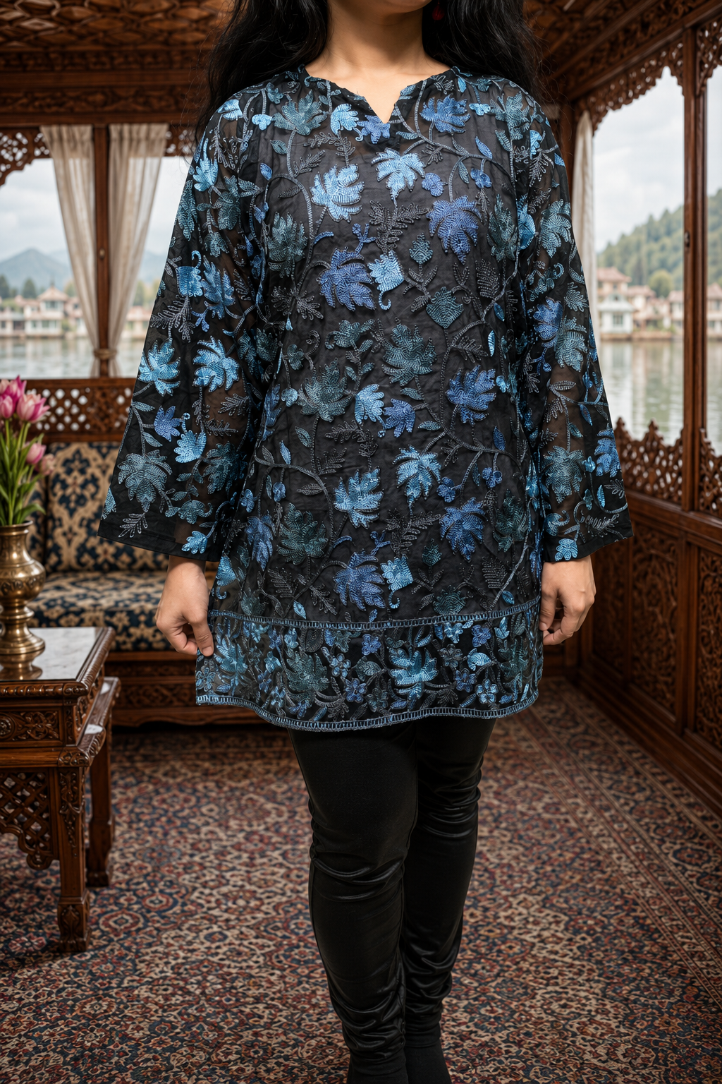 Black Georgette Kashmiri Short Kurti with Blue Chinar Aari Embroidery, Without Lining