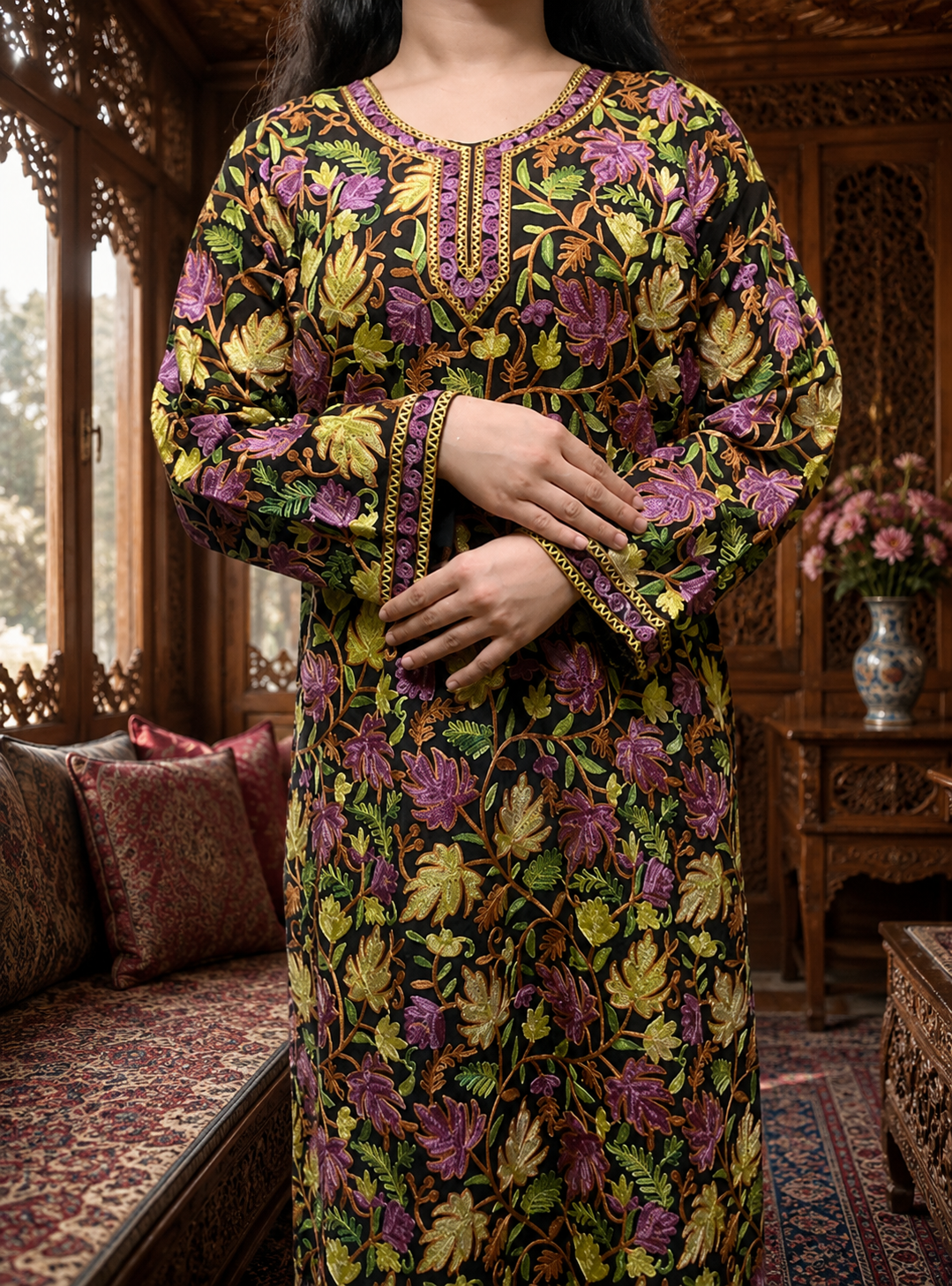 Black Georgette Kashmiri Kurti with Multi-colour Chinar Aari Embroidery, Without Lining