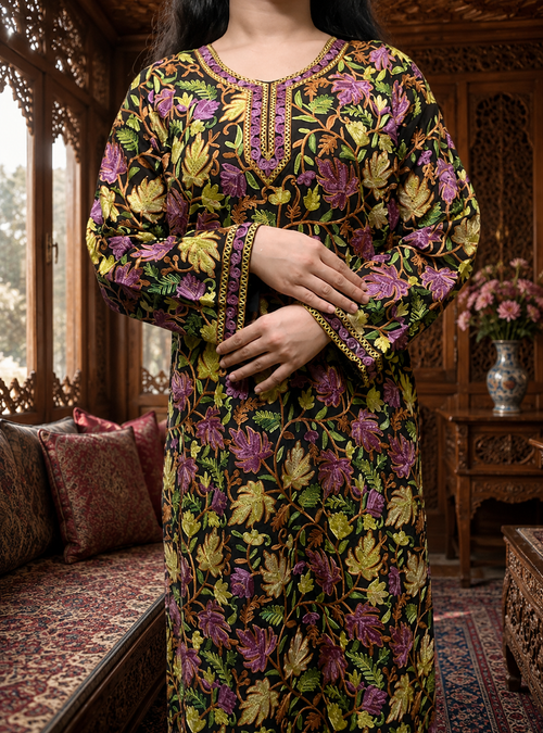 Black Georgette Kashmiri Kurti with Multi-colour Chinar Aari Embroidery, Without Lining