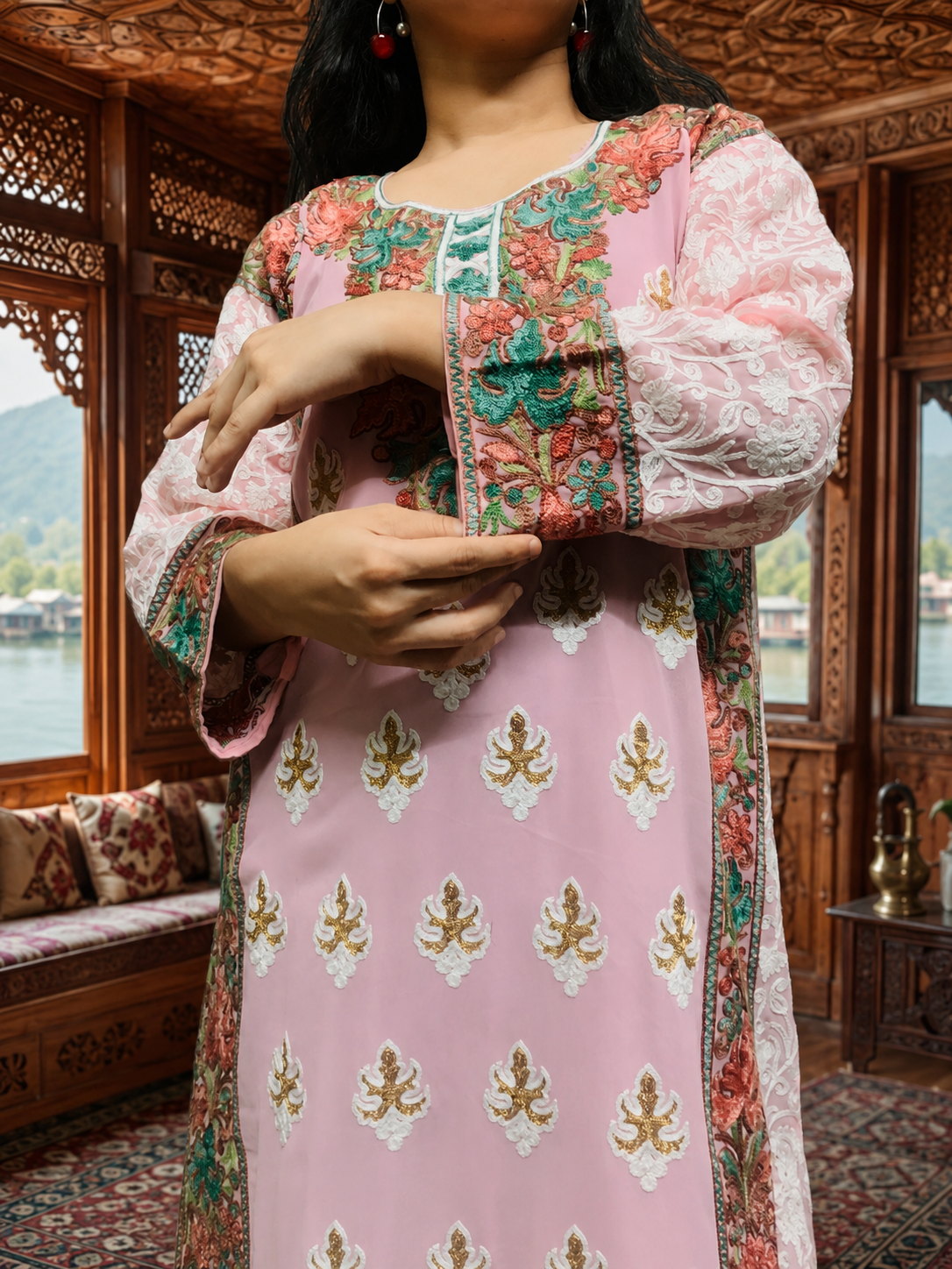Pink Georgette Kashmiri Designer Kurti - Aari with Zari Embroidery, Without Lining