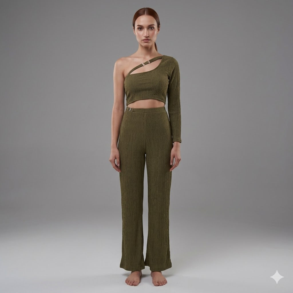 Long bodycon one - Shoulder Crop Top and pant set.