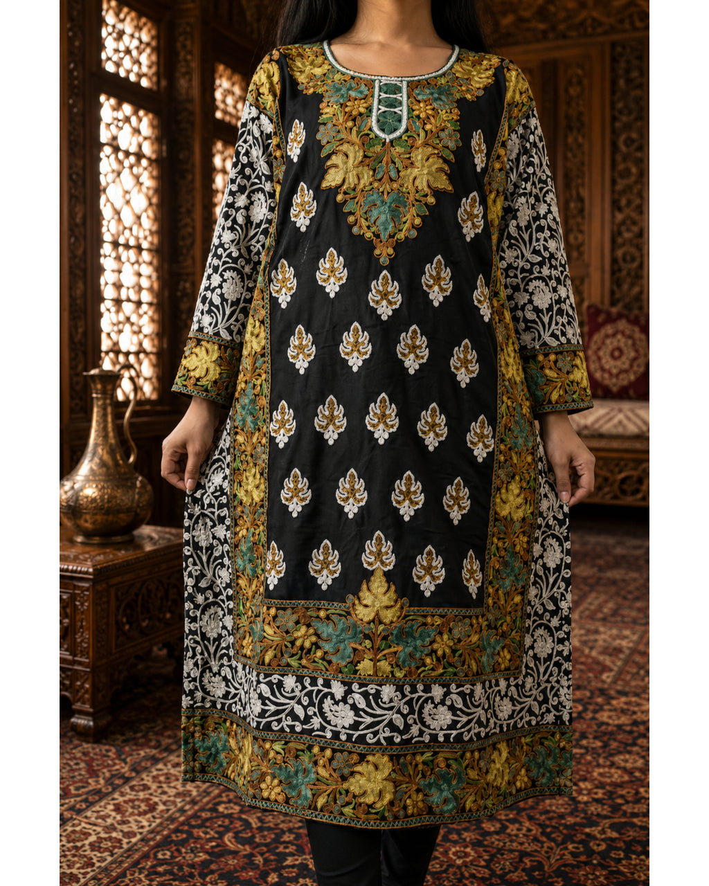 Black Georgette Kashmiri Designer Kurti - Aari with Zari Embroidery, Without Lining