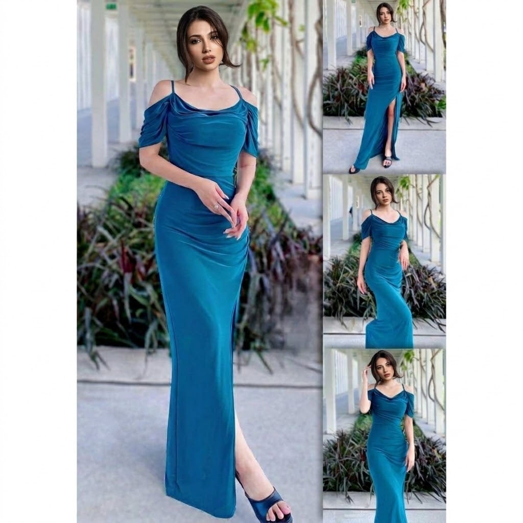 Long Bodycon cold - shoulder Lycra dress.