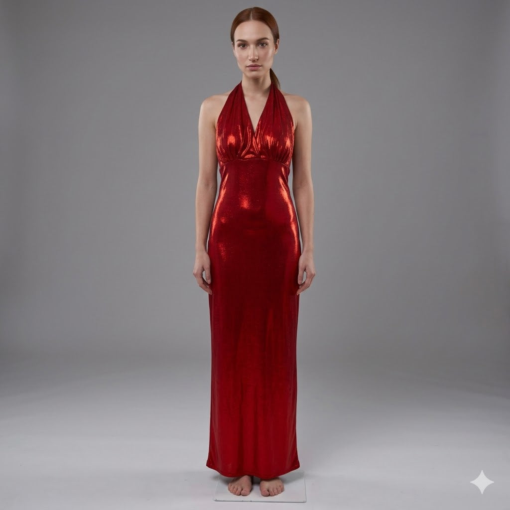 Long metallic Lycra shiny Halter neck dress.
