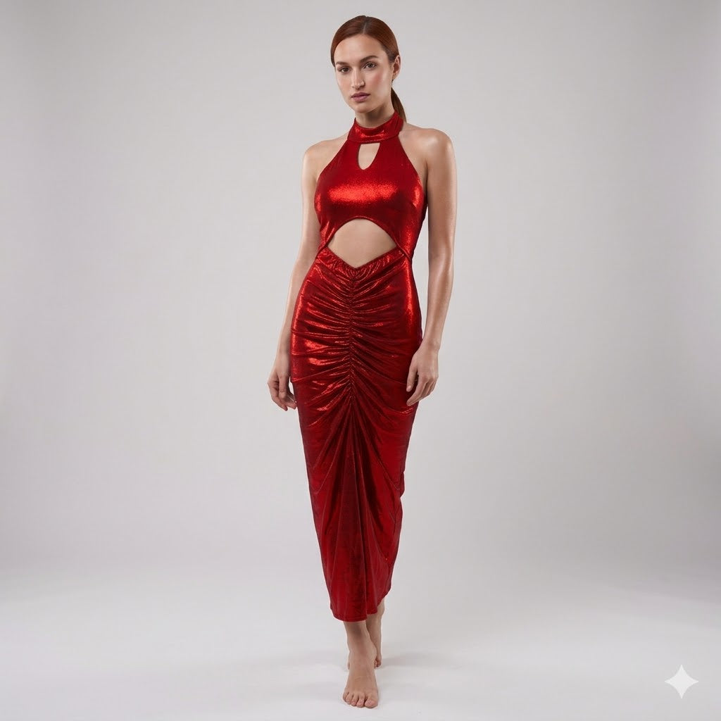 Long metallic Lycra shiny Halter neck dress.