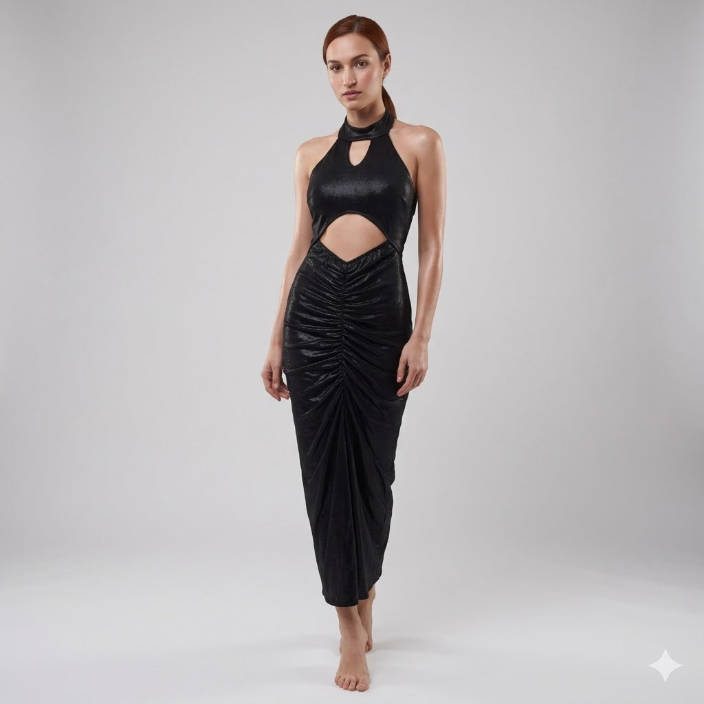 Long metallic Lycra shiny Halter neck dress.