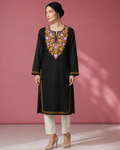 Rang-e-Bahaar Black Cotton Kashmiri Kurti – Classic Plain Style with multi-colour Aari embroidery