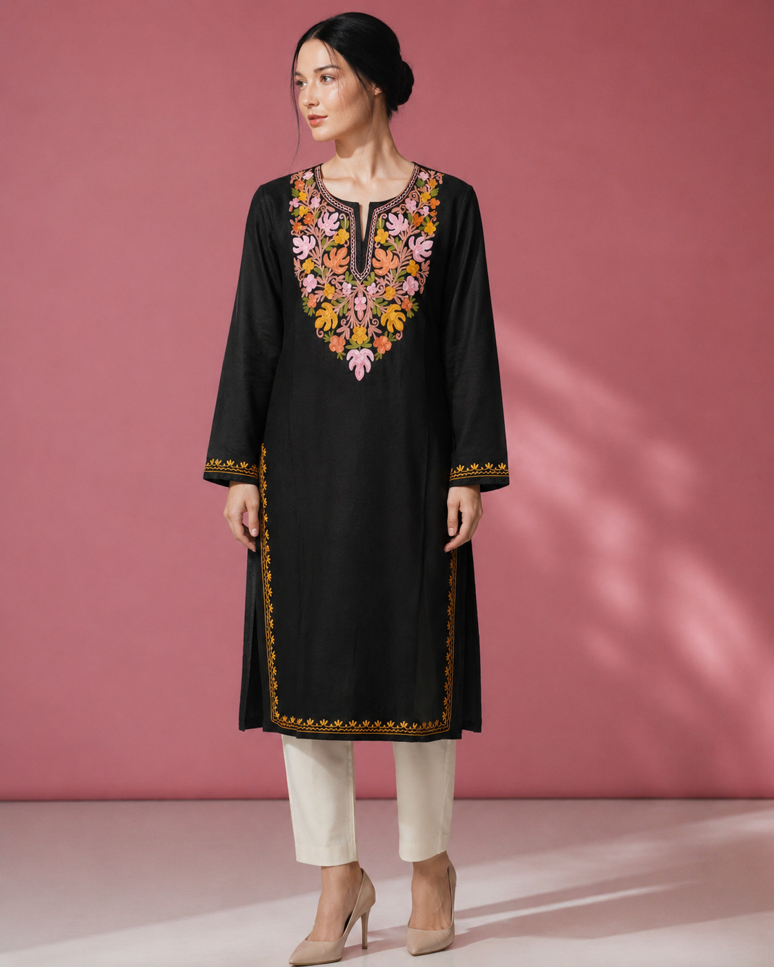 Rang-e-Bahaar Black Cotton Kashmiri Kurti – Classic Plain Style with multi-colour Aari embroidery