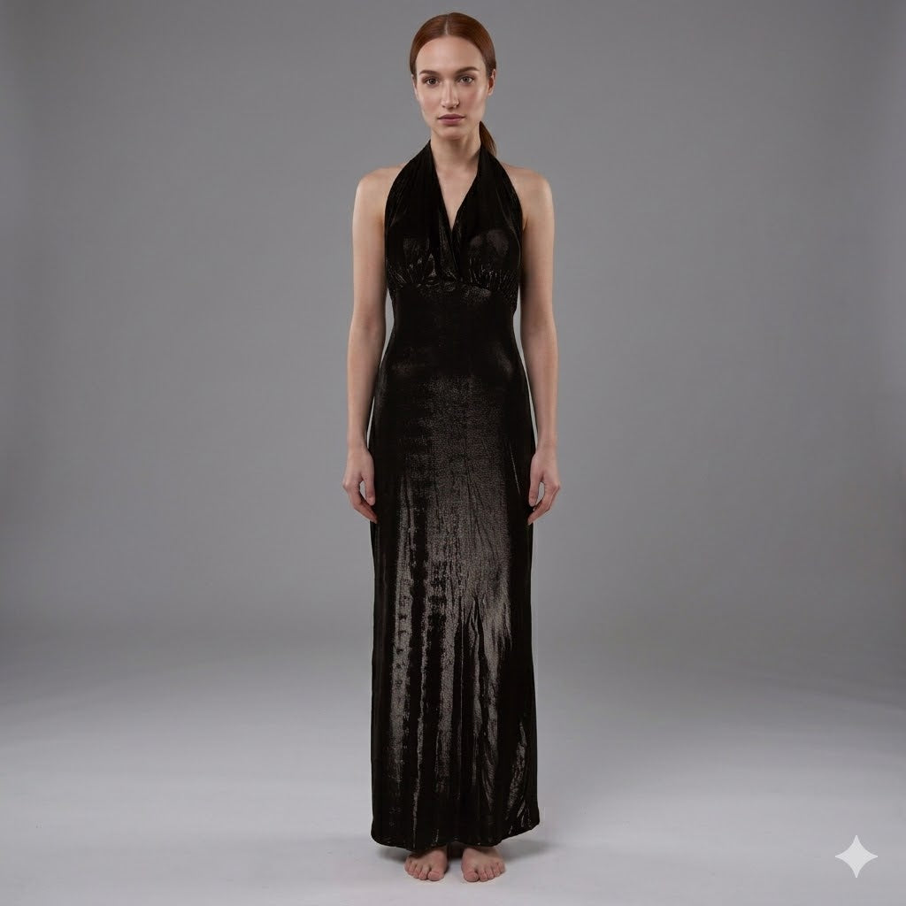 Long metallic Lycra shiny Halter neck dress.