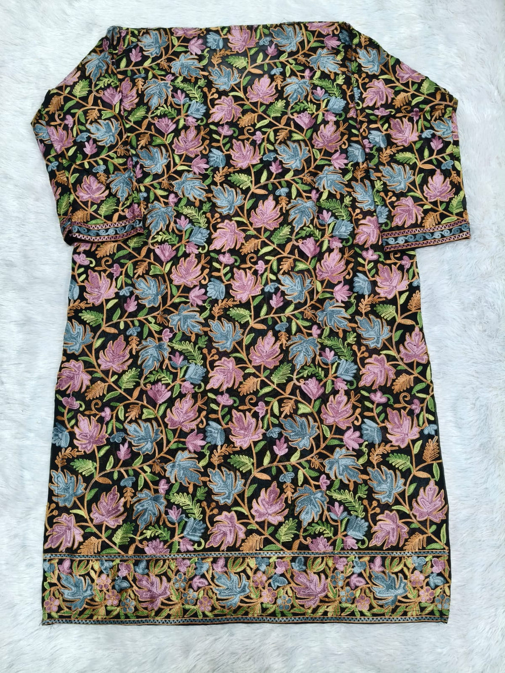 Black Georgette Kashmiri Kurti with Multi-colour Chinar Aari Embroidery, Without Lining