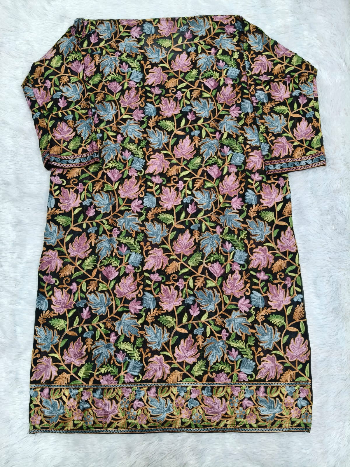 Black Georgette Kashmiri Kurti with Multi-colour Chinar Aari Embroidery, Without Lining