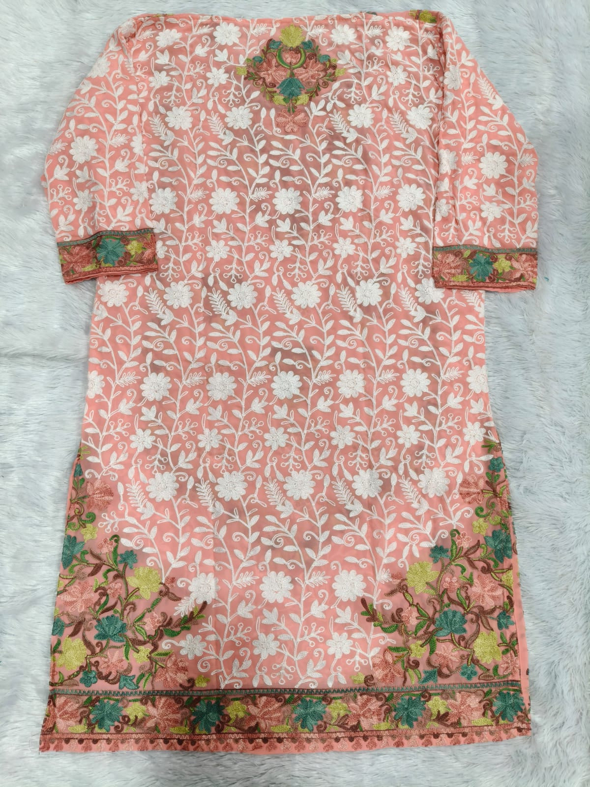 Pink Georgette Kashmiri Designer Kurti - Aari with Zari Embroidery, Without Lining
