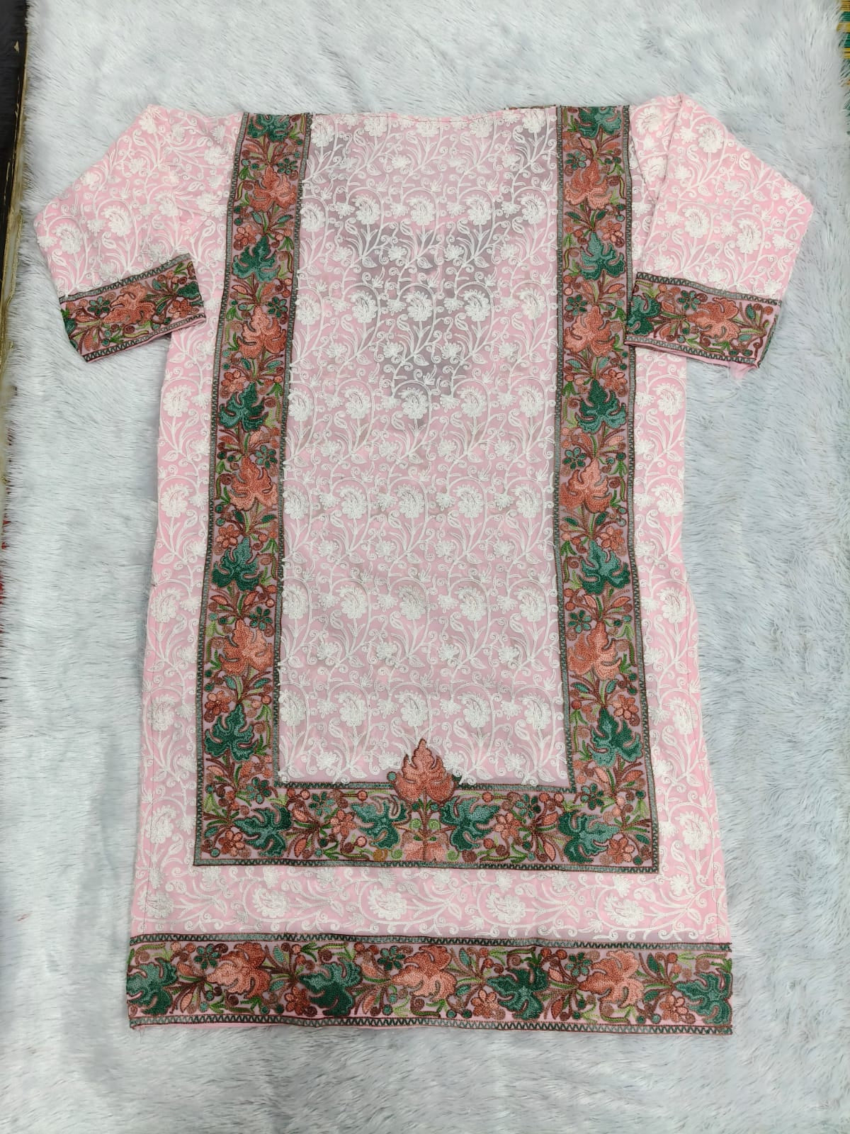Pink Georgette Kashmiri Designer Kurti - Aari with Zari Embroidery, Without Lining
