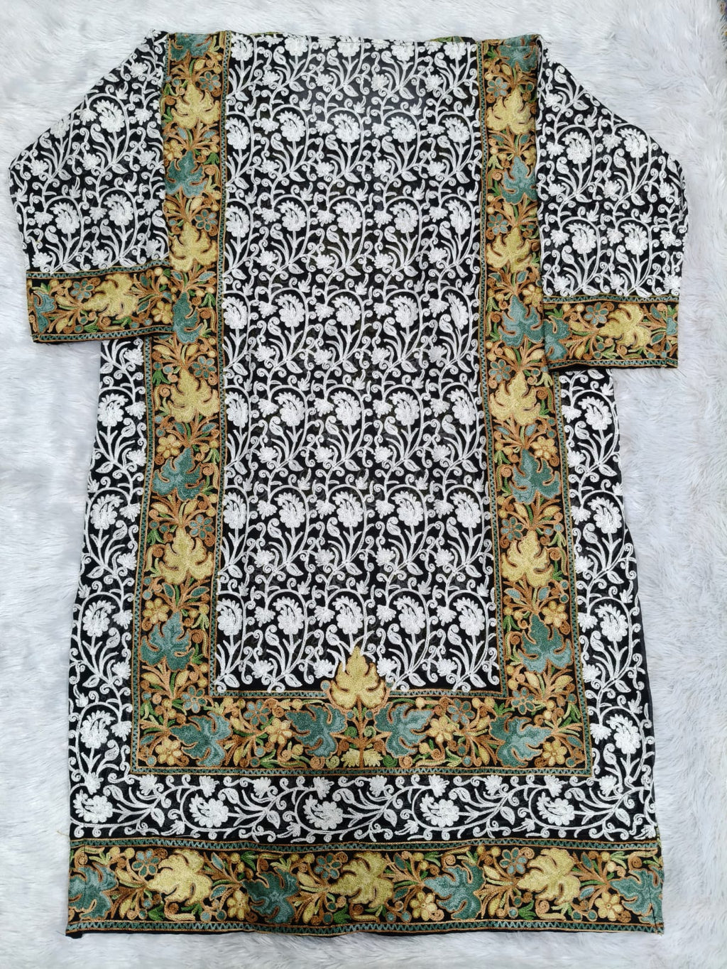 Black Georgette Kashmiri Designer Kurti - Aari with Zari Embroidery, Without Lining
