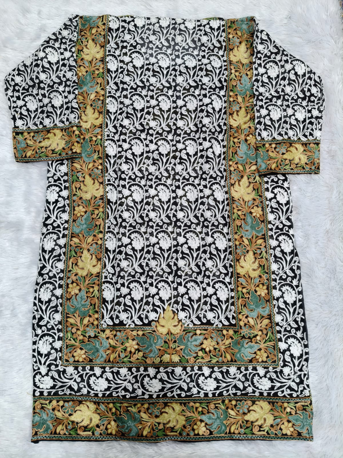 Black Georgette Kashmiri Designer Kurti - Aari with Zari Embroidery, Without Lining